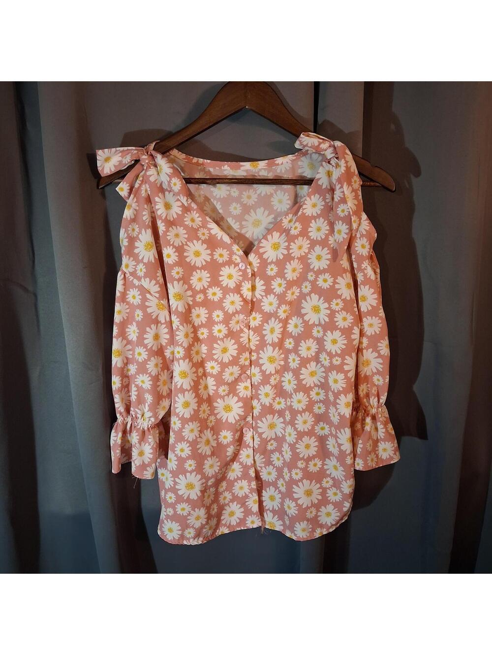 Pink Daisy Print Cold Shoulder Blouse with Tie Straps